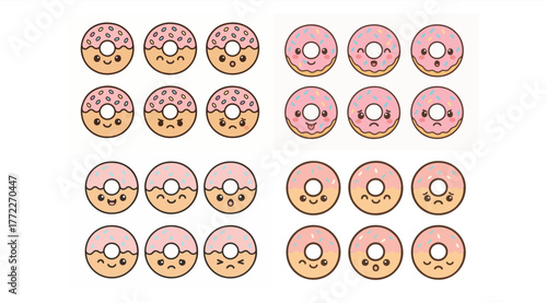 Flat vector chibi donut with six different facial expressions. A perfect cute icon set for social media, branding, and playful sticker designs.