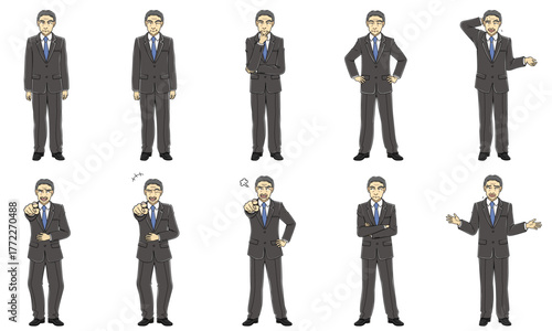 スーツの中年男性・全身・ポーズ差分・表情差分・10種セット