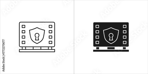 Two icons of a safe with a shield and keyhole, one outlined and one solid black