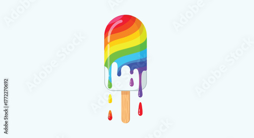 Colorful rainbow popsicle melting on a stick against a bright white background