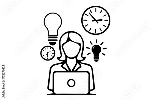 silhouette of a woman with laptop time is money concept with clock and bulb 