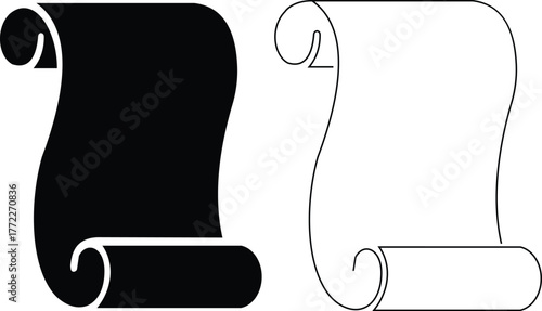 Old scroll paper icon set, antique parchment, vintage manuscript, and rolled document collection, ancient writing and medieval paper group in black, flat, line, and gradient style vector illustration