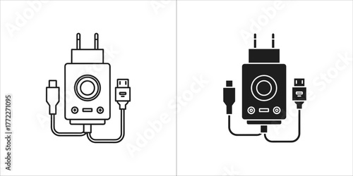 Outline and filled silhouette of a usb power adapter with cables
