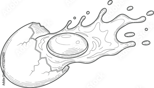Cracked egg with yolk and splash effect in black and white line art style