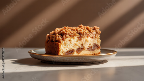 A slice of crumb cake with raisins on a plate, illuminated by natural light casting diagonal shadows.