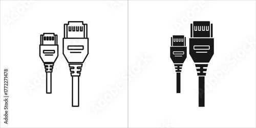 Two icons of network cables with rj45 connectors, one in outline and one in solid black