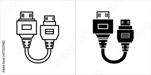 Two hdmi cables connected in a loop, line art and solid icon