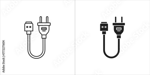 Set of two power plugs and usb cables, one outline and one filled