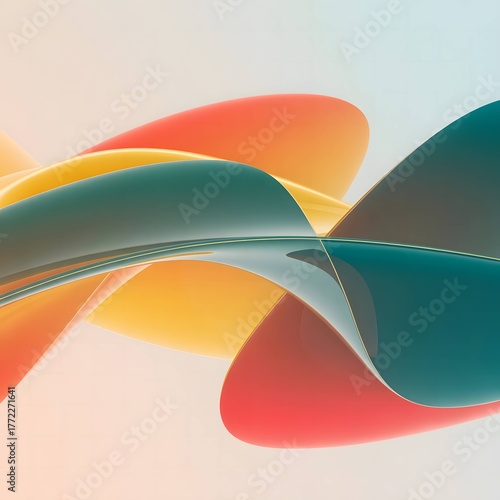 A digital composition with a colored abstract background. A vibrant abstract composition featuring interwoven, glossy shapes in turquoise, orange, and yellow.