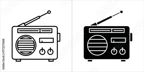 Outline and solid black icons of a vintage radio with antenna and knobs