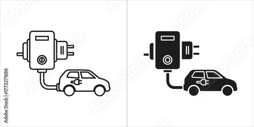 Electric car charging icon in black and white