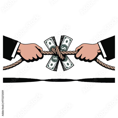 A tug of war over money, representing financial conflict, competition, and the struggle for resources