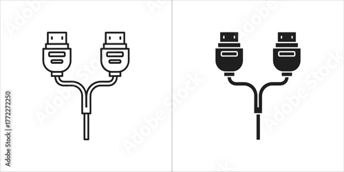Two hdmi cables splitting from one, line art and solid icon