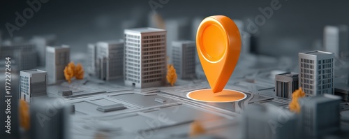 A 3D rendering of an urban landscape featuring a prominent orange location pin on a map-like surface, surrounded by stylized buildings.