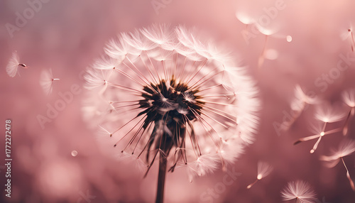 Dandelion seeds floating softly in a gentle breeze during a warm sunset in a serene outdoor setting Generative AI