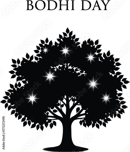 Bodhi tree silhouette with stars, spiritual symbol for Bodhi Day