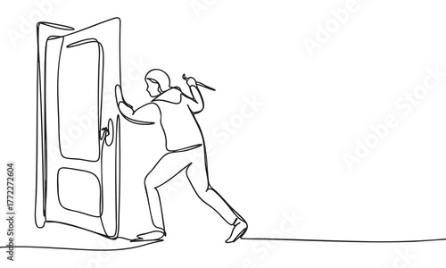 Burglar Forcing a Door Open - Continuous Line Art