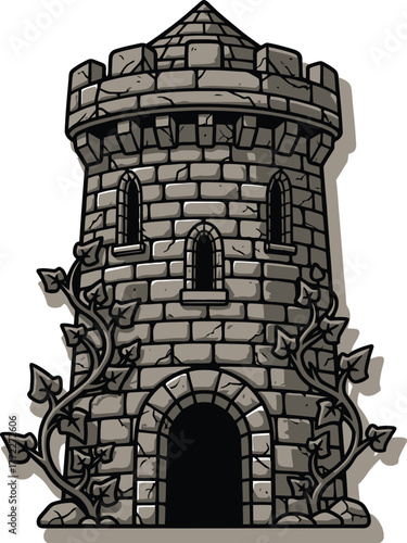 Cartoon stone tower with ivy vines climbing its walls on a white background