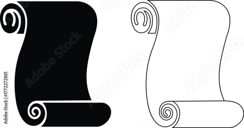 Old scroll paper icon set, antique parchment, vintage manuscript, and rolled document collection, ancient writing and medieval paper group in black, flat, line, and gradient style vector illustration