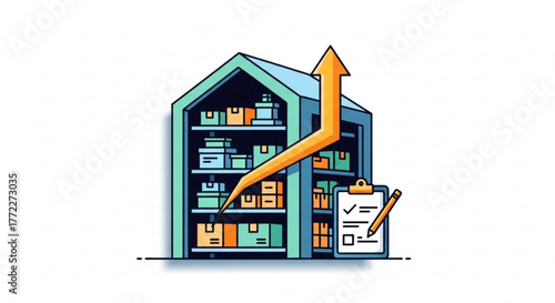 Warehouse inventory management system with growth arrow and checklist for business success plan
