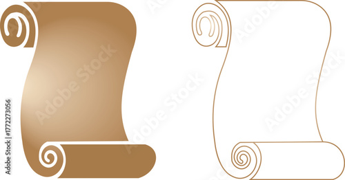 Old scroll paper icon set, antique parchment, vintage manuscript, and rolled document collection, ancient writing and medieval paper group in black, flat, line, and gradient style vector illustration