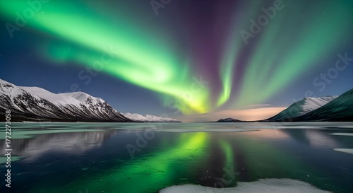 Wallpaper Mural Aurora Borealis Over Frozen Lake with Snowy Mountains Torontodigital.ca