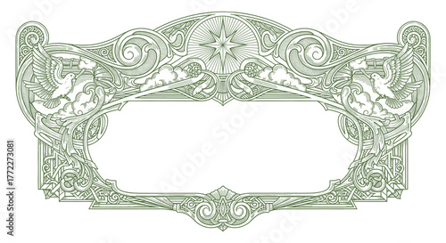 Elegant vintage ornaments illustration with ornate floral baroque frame, mix with art nouveau, art deco style  detailed line art in classic engraving style design.