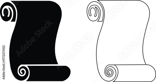 Old scroll paper icon set, antique parchment, vintage manuscript, and rolled document collection, ancient writing and medieval paper group in black, flat, line, and gradient style vector illustration