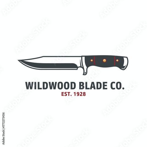 A sharp survival knife depicted on a white backdrop, accompanied by text denoting a company and its founding