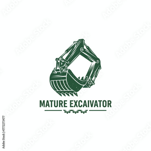 A dark green excavator arm in a logo. Below it is text with lines and gear shapes