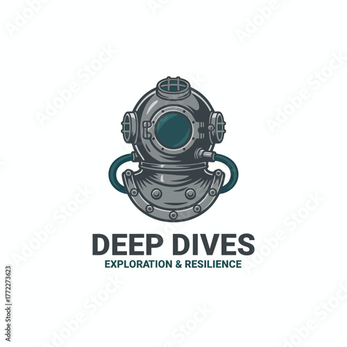 A detailed illustration of a vintage diving helmet with shadowed shading, tubes, and a round viewing window