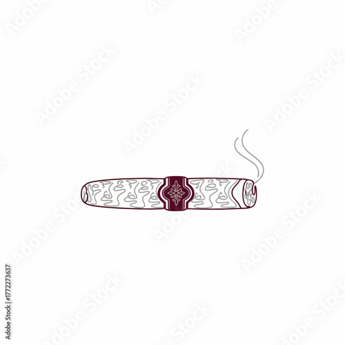 A detailed illustration of a cigar with ornate design, a band, and thin wisps of smoke