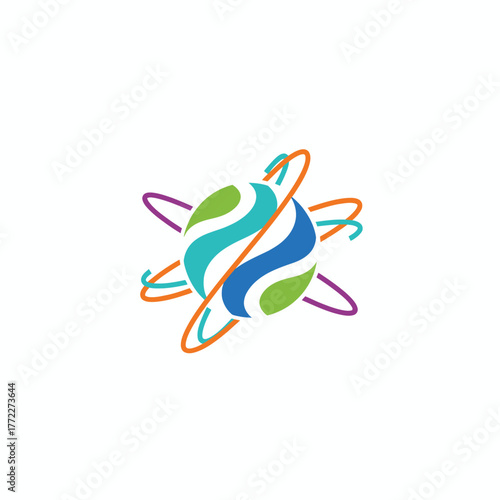 A colorful spherical design with swirling bands of various hues, surrounded by orbital arcs