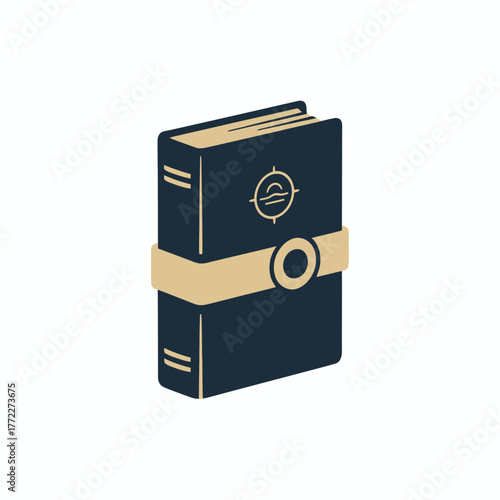 Isometric illustration of a hardbound book with decorative accents and a strap