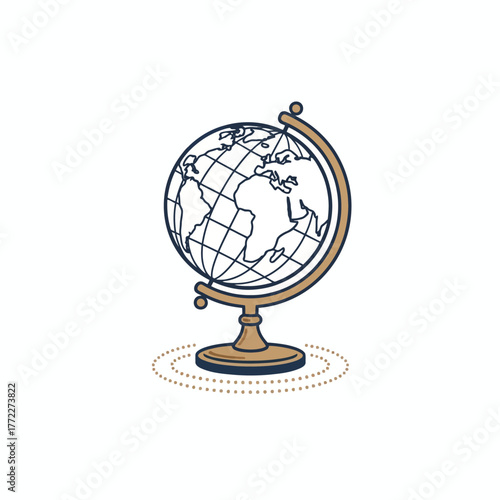A globe illustration, featuring landmasses and a grid, mounted on a stand with a dotted ring