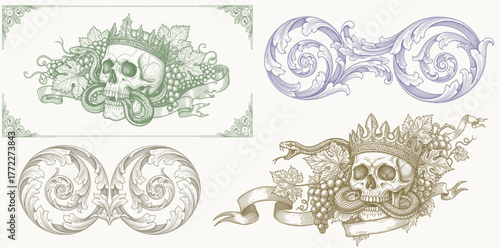 Vintage Baroque Victorian border flower pattern frame vector floral engraved scroll ornament leaf retro decorative design tattoo black and white filigree calligraphic heraldic shield swirl