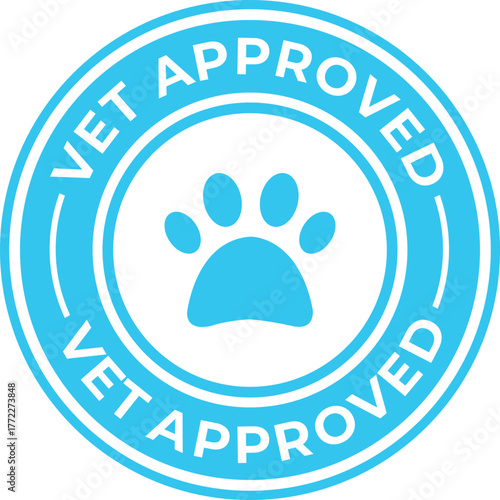 Vet approved icon blue animal paw print in a circle vector design for pet products and services
