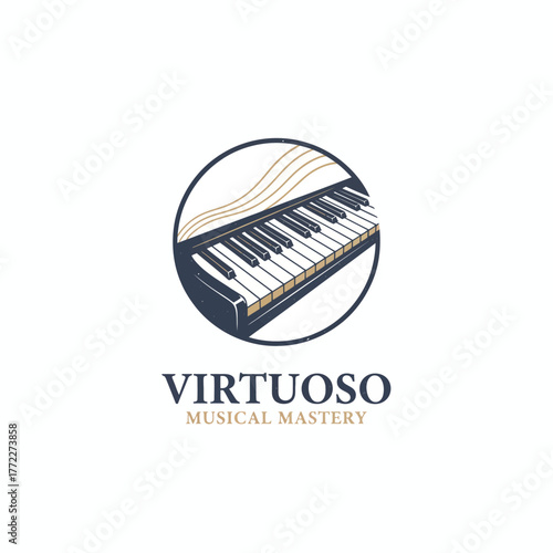 A piano keyboard illustration in a dark circle. Text "Virtuoso Musical Mastery" is displayed below