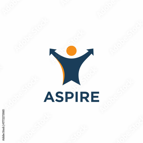 A logo featuring a human figure with arms outstretched and arrows pointing upwards, with text below