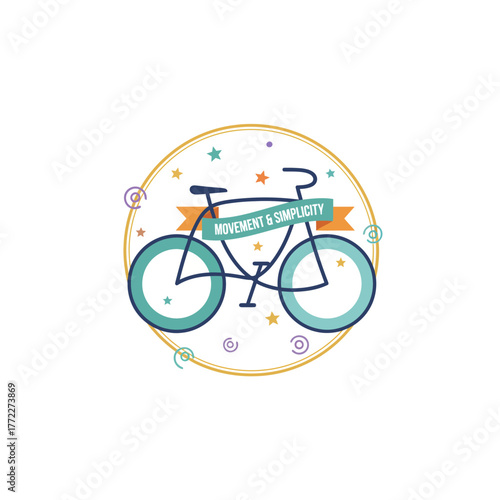A stylized illustration features a bike within a circle, stars, ribbons, and a text banner