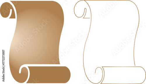 Old scroll paper icon set, antique parchment, vintage manuscript, and rolled document collection, ancient writing and medieval paper group in black, flat, line, and gradient style vector illustration