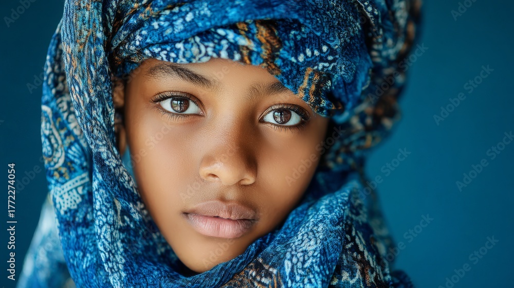 Fototapeta premium portrait of a beautiful young african girl with a colorful scarf around her head