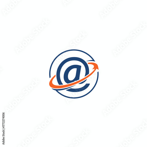 A blue "at" symbol with a blue circle, orange arc and arrow, conveying email messaging