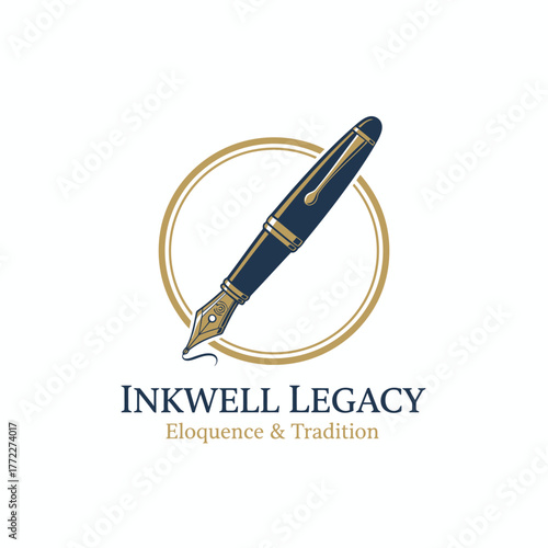 A detailed pen illustration with a circular frame and elegant text at the bottom