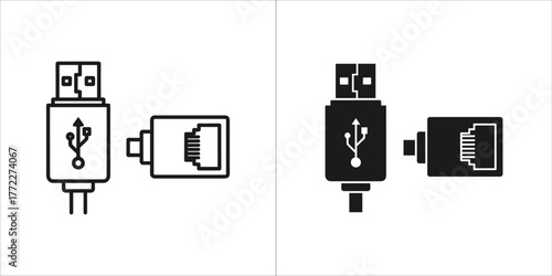 Usb to ethernet adapter icon, line and solid style