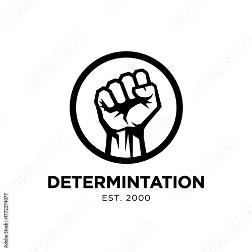 A black and white graphic featuring a clenched fist within a circle, with text below