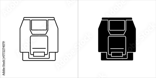 Two icons of a computer floppy disk drive, one in outline and one in solid black, on a