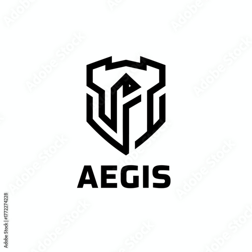 A black and white logo with a shield-like geometric design and the word "AEGIS" below