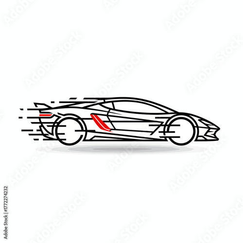 A sleek, linear illustration of a sportscar in motion, showcasing speed lines and a red accent