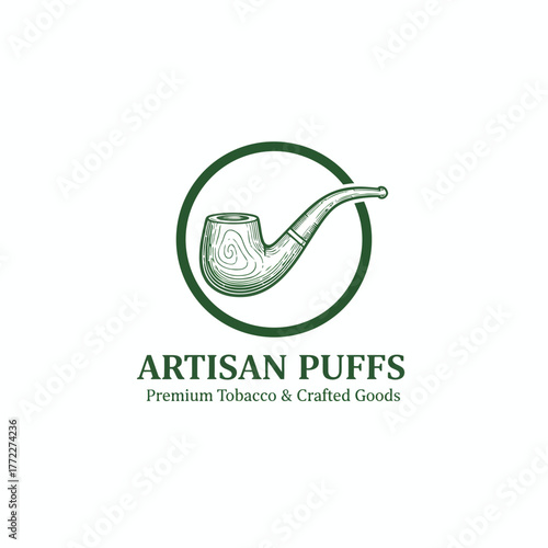 A logo design with a smoking pipe illustration inside of a green circle and text beneath it